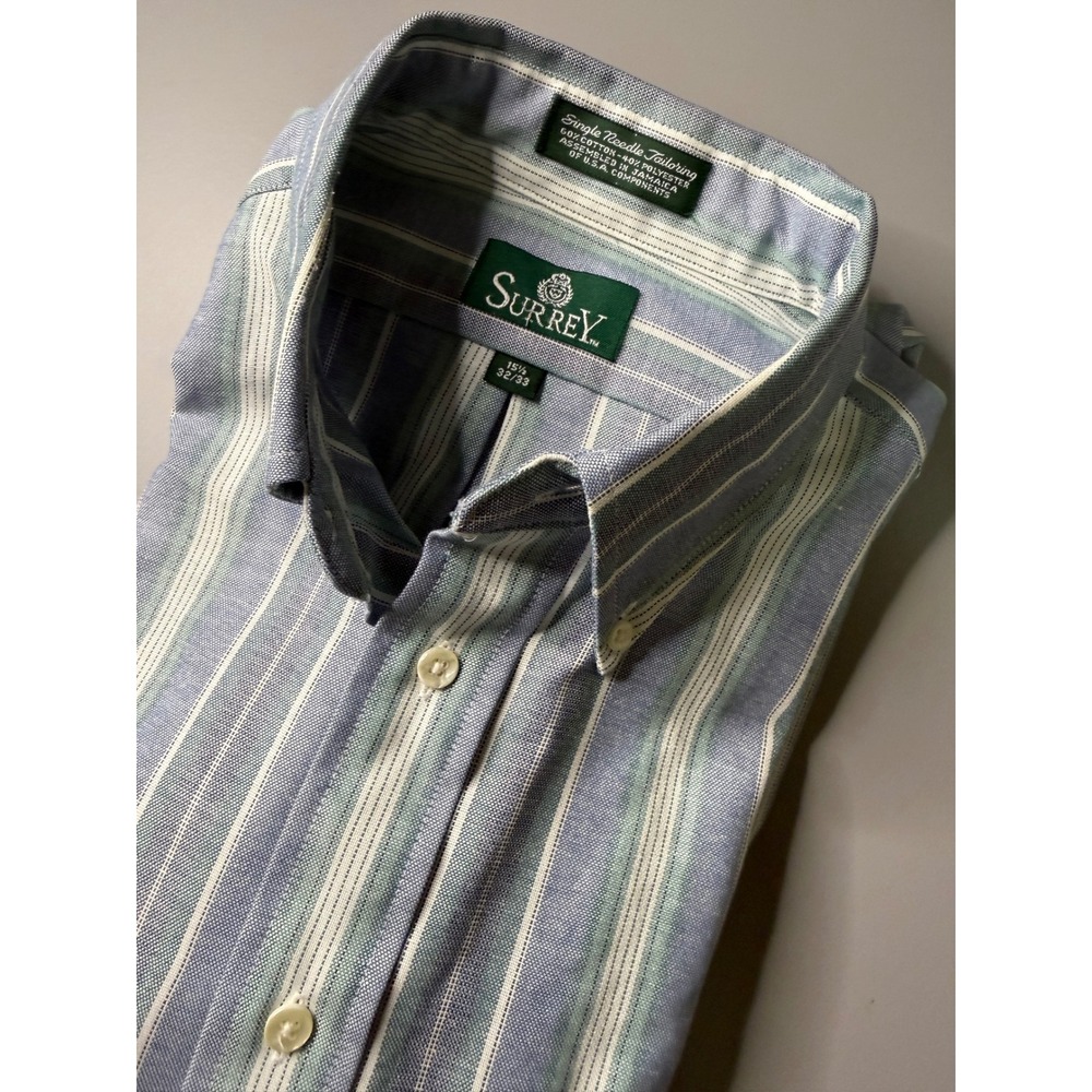 Surrey Mens Striped Oxford Dress Shirt Blue Green Single Needle 15.5 32/33